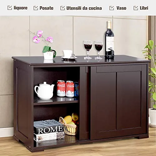 DREAMADE Armadietto da Cucina Mobile Multiuso per Sala da Pranzo con Ante Scorrevoli, MDF Resistente (Marrone)