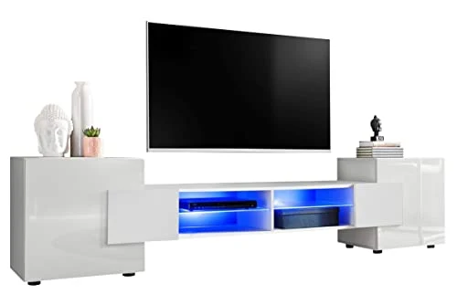 ExtremeFurniture Armadio TV Bridge, Porte Frontali Laterali Bianco Lucido, Sezione Centrale/Cassa Bianco Opaco Senza LED
