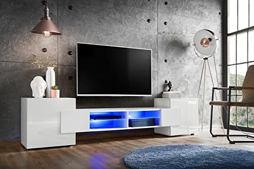 ExtremeFurniture Armadio TV Bridge, Porte Frontali Laterali Bianco Lucido, Sezione Centrale/Cassa Bianco Opaco Senza LED