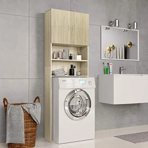 Festnight Mobile per Lavatrice Rovere, Mobiletto per Bagno Truciolato Sonoma 64x25,5x190 cm