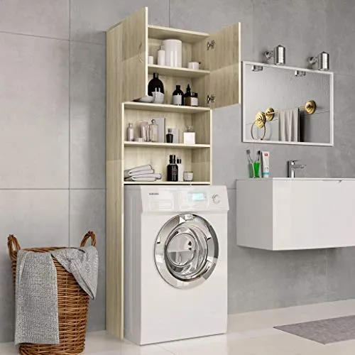 Festnight Mobile per Lavatrice Rovere, Mobiletto per Bagno Truciolato Sonoma 64x25,5x190 cm