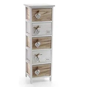 GICOS IMPORT EXPORT SRL Mobile cassettiera Legno Bianca/Marrone 5 cassetti Decoro Home Cuore 26 * 32 * 98 cm Shabby Chic E...