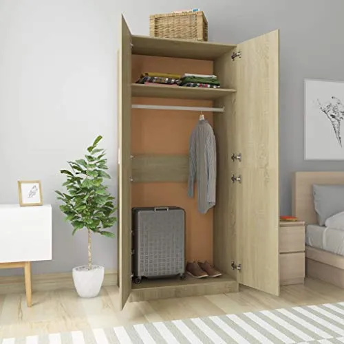 GOTOTOP Armadio guardaroba truciolato, armadio con 2 ante, per soggiorno, camera da letto, 90 x 52 x 200 cm, colore rovere