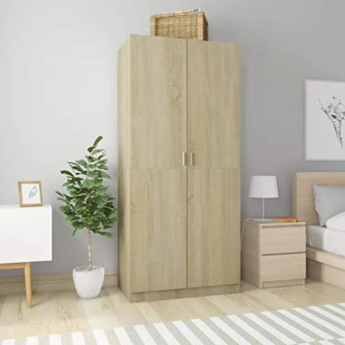 GOTOTOP Armadio guardaroba truciolato, armadio con 2 ante, per soggiorno, camera da letto, 90 x 52 x 200 cm, colore rovere