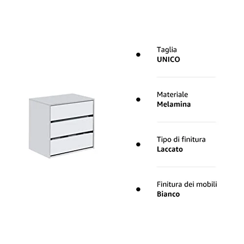 Habitdesign Cassettiera Tre cassetti Bianco Opaco, Dimensioni: 60 cm (Larghezza) x 57 cm (Altezza) x 44 cm (profondità)