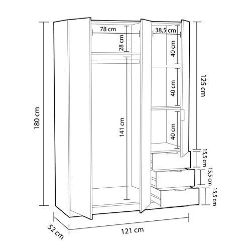 Habitdesign LCX323O-Armadio guardaroba tre ante e tre cassetti, colore: bianco opaco, misure 180 x 121 x 52 cm di profondi...