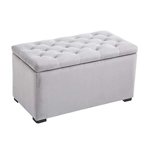 homcom Cassapanca Portaoggetti Set di 3 Pezzi con 2 Sgabelli Pouf Velluto, Grigio Perla