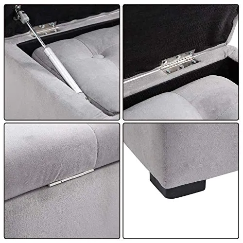 homcom Cassapanca Portaoggetti Set di 3 Pezzi con 2 Sgabelli Pouf Velluto, Grigio Perla