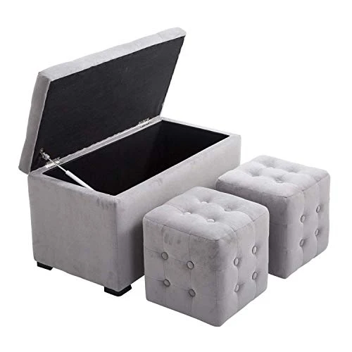 homcom Cassapanca Portaoggetti Set di 3 Pezzi con 2 Sgabelli Pouf Velluto, Grigio Perla