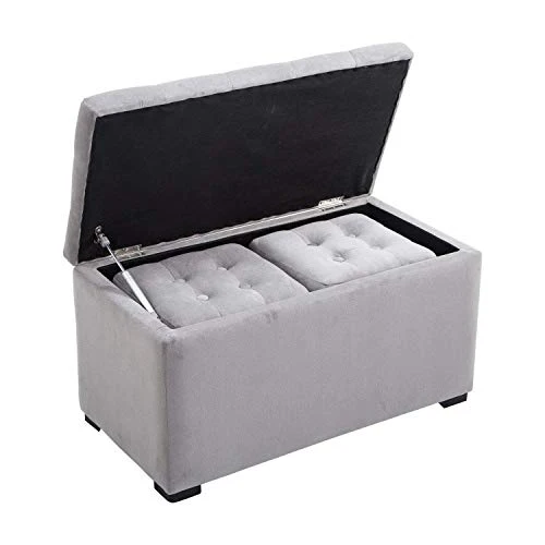 homcom Cassapanca Portaoggetti Set di 3 Pezzi con 2 Sgabelli Pouf Velluto, Grigio Perla