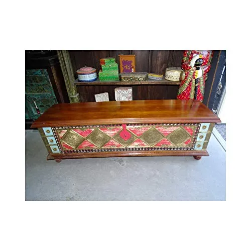 int. d'ailleurs - Cassapanca Lunga Dipinta con Coperchio Legno di Mango Decorato con Ottone 146 cm - PAL-1020