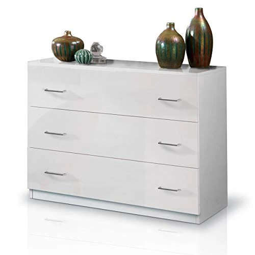 MF Comò Cassettiera 3 Cassetti Laccato Lucido, 100 x 77 x 44 cm (Bianco) Letto Facile