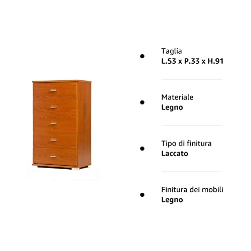 Mobile Cassettiera legno con 5 CASSETTI per camera da letto soggiorno L.53 x P.33 x H.91 (Ciliegio) LIBEROSHOPPING.eu - LA...
