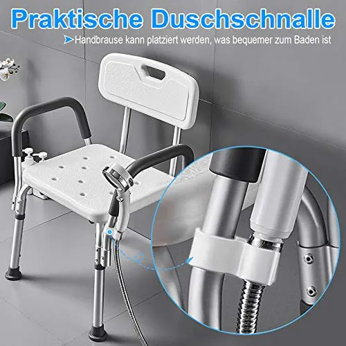 LZQ, sgabello da doccia regolabile altezza 5 livelli, 37,5 - 50,5 cm, con braccioli e schienale antiscivolo, seduta allumi...