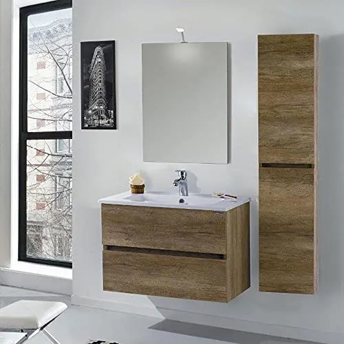 mazzoni Mobile da Bagno Sospeso 90cm Colonna P18cm Maiorca Light Noce Chiaro Frassinato
