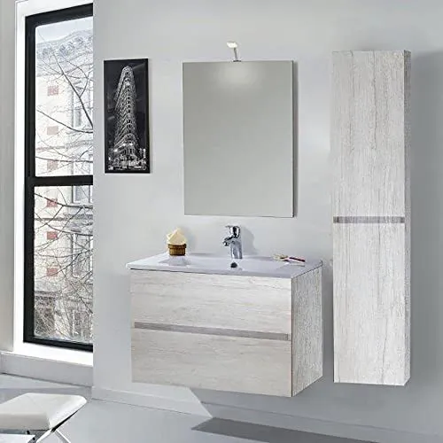 mazzoni Mobile da Bagno Sospeso 90cm Colonna P18cm Maiorca Light Bianco Frassinato