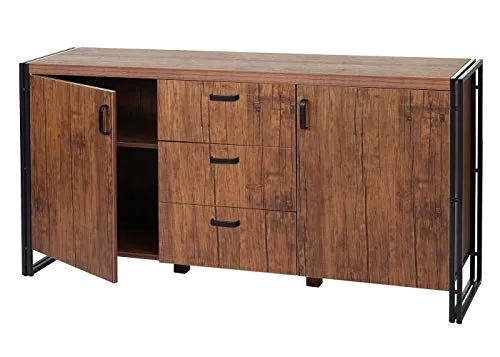 Cassettiera credenza design HWC-A27 40x160x80cm metallo MDF colore rovere Mendler