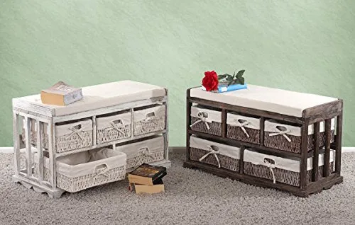 Mendler Serie Vintage Panca cassettiera 5 ceste Legno di paulonia 36x77x45cm Marrone