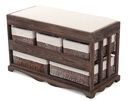 Mendler Serie Vintage Panca cassettiera 5 ceste Legno di paulonia 36x77x45cm Marrone