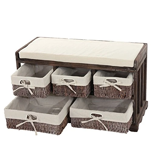 Mendler Serie Vintage Panca cassettiera 5 ceste Legno di paulonia 36x77x45cm Marrone