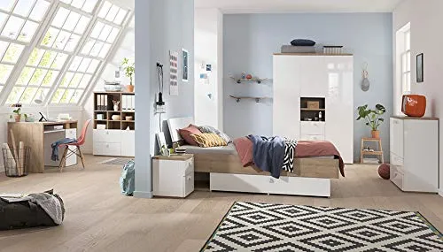 Meubletmoi - Armadio 3 ante, 3 cassetti e 2 nicchie, legno chiaro e bianco, design moderno, collezione Gabriel