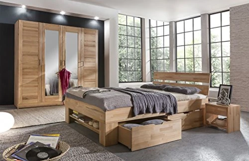 moebelstore24 Armadio 4 ante con specchio, legno di faggio massiccio oliato