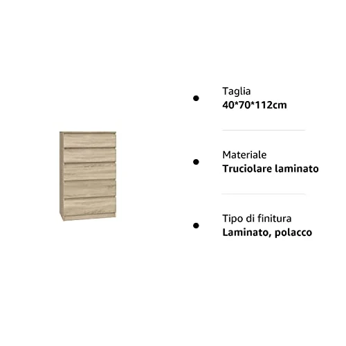 NOXEN Cassettiera M5 70 rovere Sonoma, mobili per camera da letto, armadio, cinque cassetti, comodino, per casa, soggiorno...