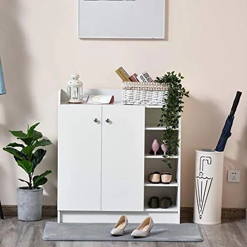 HOMCOM Armadio Scarpiera Bianca Salvaspazio e Moderna Legno per 12 Paia di Scarpe, 4 Ripiani Aperti, 83 x 30 x 90cm, Bianc...