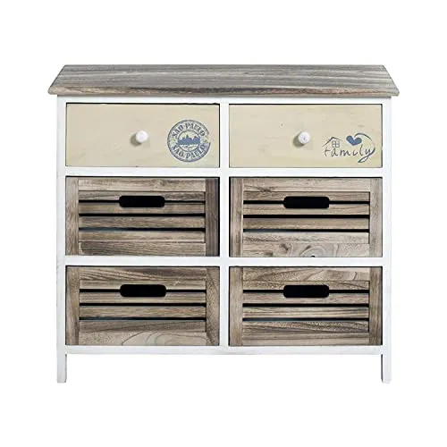 Rebecca Mobili Cassettiera bianca beige, mobiletto 6 cassetti, legno paulownia mdf, stile country, bagno camera ingresso -...