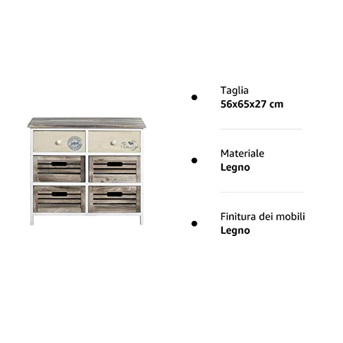 Rebecca Mobili Cassettiera bianca beige, mobiletto 6 cassetti, legno paulownia mdf, stile country, bagno camera ingresso -...