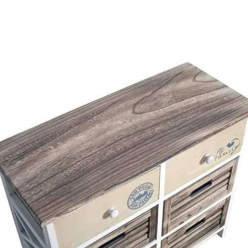 Rebecca Mobili Cassettiera bianca beige, mobiletto 6 cassetti, legno paulownia mdf, stile country, bagno camera ingresso -...