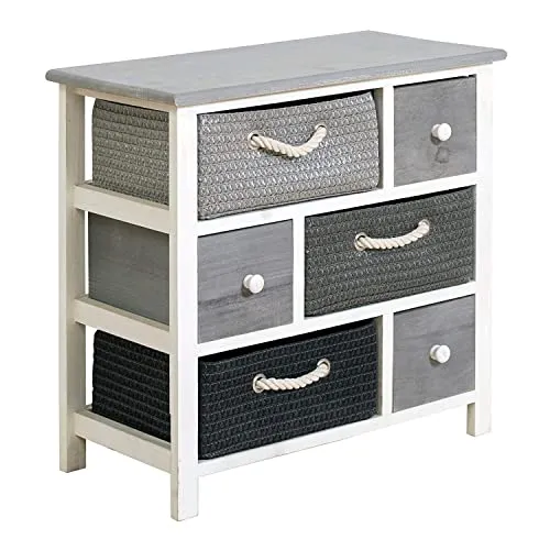 Rebecca Mobili Cassettiera 6 cassetti, mobile multiuso moderno, legno vimini, bianco grigio, per camera e bagno - Misure:...