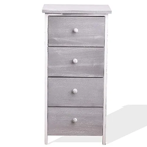 Rebecca Mobili Cassettiera decape, comodino 4 casetti, legno paulownia, bianco grigio, design shabby, per camera bagno sal...