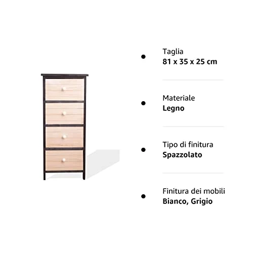 Rebecca Mobili Cassettiera decape, comodino di legno, 4 cassetti, grigio bianco, stile vintage, camera salotto ingresso -...
