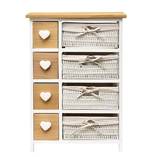 Rebecca Mobili Cassettiera legno vimini, mobile bagno vintage, 8 cassetti, colore bianco, pomello cuore - Misure 71 x 51 x...
