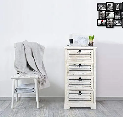 Rebecca Mobili Cassettiera piccola, mobile bagno 4 cassetti bianco, legno paulownia, shabby chic, per camera bagno - Misur...