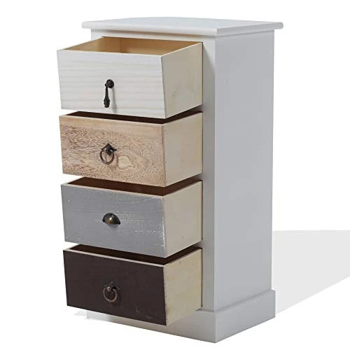 Rebecca Mobili Comodino Bianco Nero Beige, cassettiera 4 cassetti, Legno Paulownia, Stile Shabby, Camera Bagno Sala - Misu...
