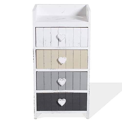 Rebecca Mobili Comodino Legno 4 cassetti, Mobile cassettiera, Bianco Beige Grigio, Shabby Chic Vintage, Camera Ingresso -...