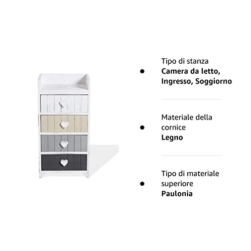 Rebecca Mobili Comodino Legno 4 cassetti, Mobile cassettiera, Bianco Beige Grigio, Shabby Chic Vintage, Camera Ingresso -...