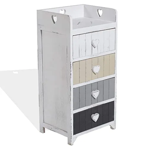 Rebecca Mobili Comodino Legno 4 cassetti, Mobile cassettiera, Bianco Beige Grigio, Shabby Chic Vintage, Camera Ingresso -...