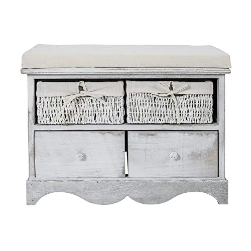 Rebecca Mobili Panca da Interno, Panchetta di Legno con Seduta, 2 Cassetti 2 Ceste Vimini, Bianco Grigio, Shabby, per Ingr...