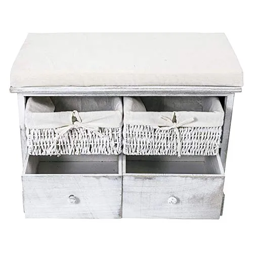 Rebecca Mobili Panca da Interno, Panchetta di Legno con Seduta, 2 Cassetti 2 Ceste Vimini, Bianco Grigio, Shabby, per Ingr...