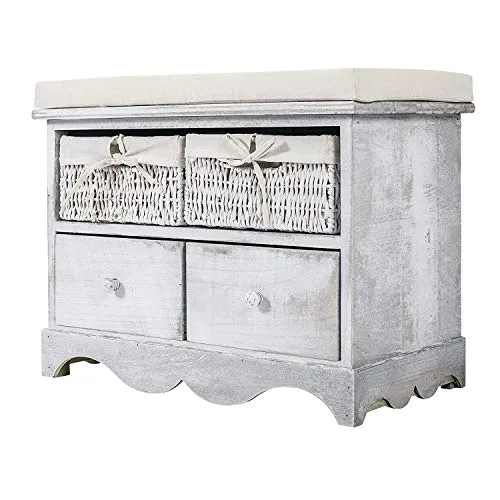 Rebecca Mobili Panca da Interno, Panchetta di Legno con Seduta, 2 Cassetti 2 Ceste Vimini, Bianco Grigio, Shabby, per Ingr...
