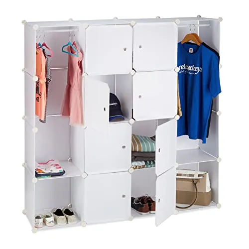 Relaxdays 10021969_46 Armadio Guardaroba Componibile, 12 Scomparti, Sistema Incastro, Plastica, 145,5x145,5 cm, Bianco