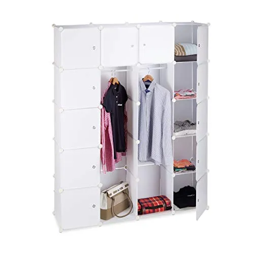 Relaxdays 10021971_49 Cabina Armadio Componibile, Plastica, Guardaroba con 2 Bastoni Appendiabiti e 14 Scomparti, Bianco