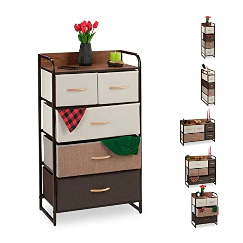 Relaxdays Armadietto con 5 Scomparti, Camera da Letto, Comodino, Marrone Mobiletto con Cassetti, 5 Tiretti Pieghevoli Tess...