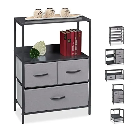 Relaxdays Mobiletto Alto, 3 Cassetti, 2 Ripiani, Corridoio Soggiorno, MDF, Stoffa, Acciaio, HLP 82 x 58 x 30 cm, Grigio, P...