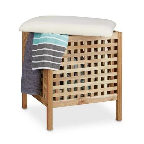 Relaxdays Sgabello da Bagno, Pouf Contenitore, Cuscino Imbottito, Portabiancheria, Porta Oggetti, Legno, Naturale Bianco,...
