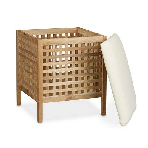 Relaxdays Sgabello da Bagno, Pouf Contenitore, Cuscino Imbottito, Portabiancheria, Porta Oggetti, Legno, Naturale Bianco,...