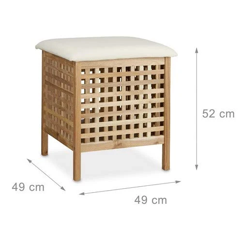 Relaxdays Sgabello da Bagno, Pouf Contenitore, Cuscino Imbottito, Portabiancheria, Porta Oggetti, Legno, Naturale Bianco,...